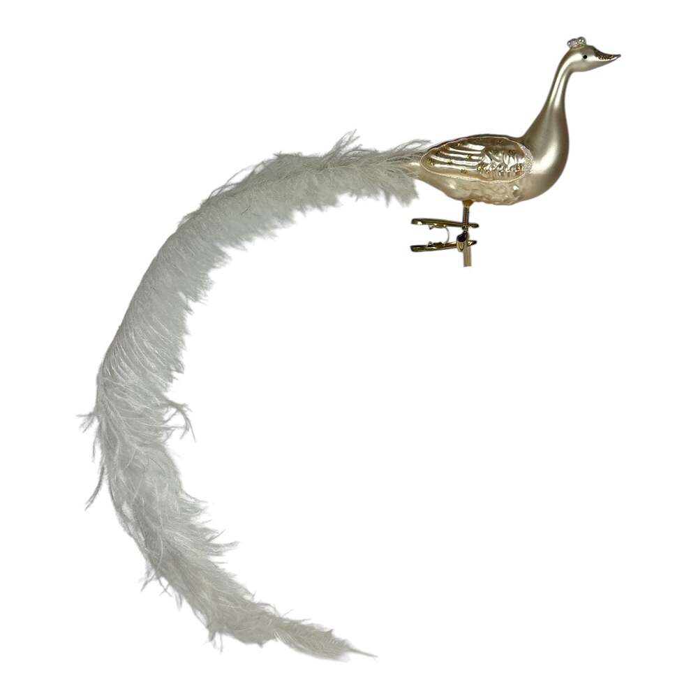 Vtg Blown Glass Clip-On White Peacock Christmas Ornament Genuine Feather Germany